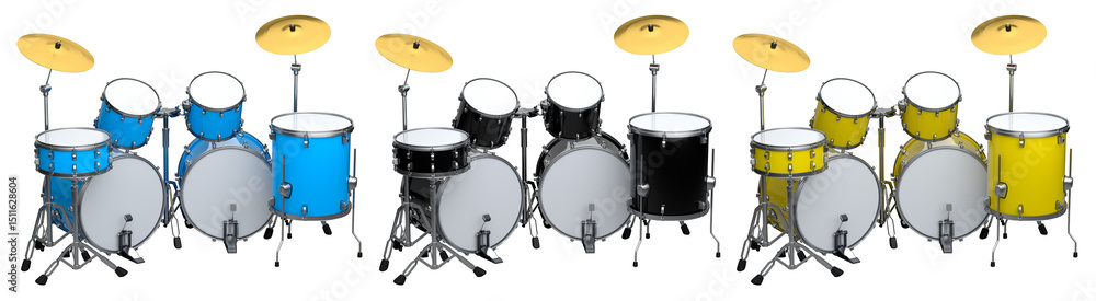 Set of realistic drums with metal cymbals on white background. 3d render concept of musical percussion instrument, drum machine and drumset Set of realistic drums with metal cymbals on white background. 3d render concept of musical percussion instrument, drum machine and drumset