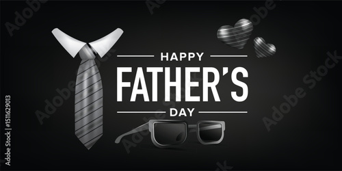 Elegant Black Father’s Day Background with Tie, Sunglasses, and Heart Elements for Masculine Celebration Greeting Cards and Banner Templates