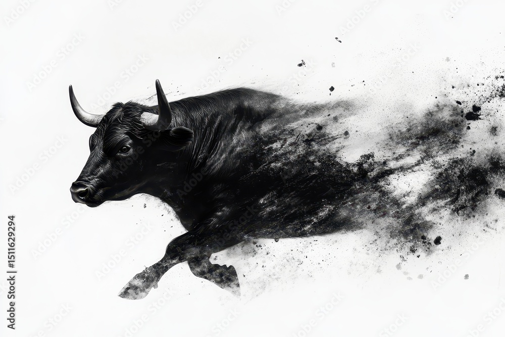 Obraz premium Bull Running. Fierce Bull with Horns in Isolated White Background