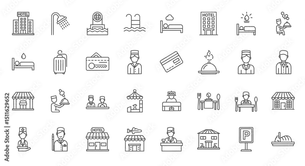 Hotel and Accomodation icons, set of line icons, icon sheet. Editable strokes Hotel and Accomodation icons, set of line icons, icon sheet. Editable strokes