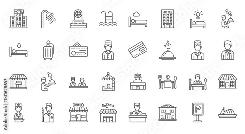 Hotel and Accomodation icons, set of line icons, icon sheet. Editable strokes