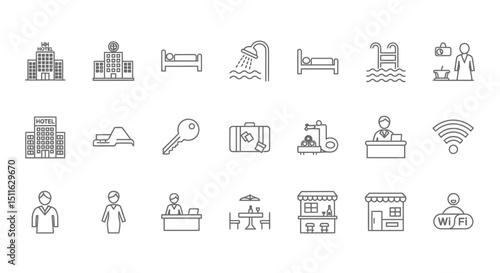 Hotel and Accomodation icons, set of line icons, icon sheet. Editable strokes