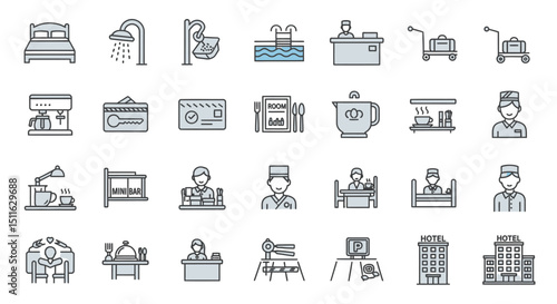 Hotel and Accomodation icons, set of line icons, icon sheet. Editable strokes