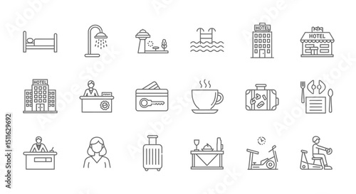 Hotel and Accomodation icons, set of line icons, icon sheet. Editable strokes