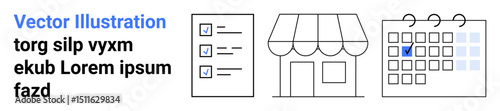 Checklist, storefront facade, and calendar combining task planning and retail management. Ideal for scheduling, organization, business strategy, productivity, retail management, planning tools