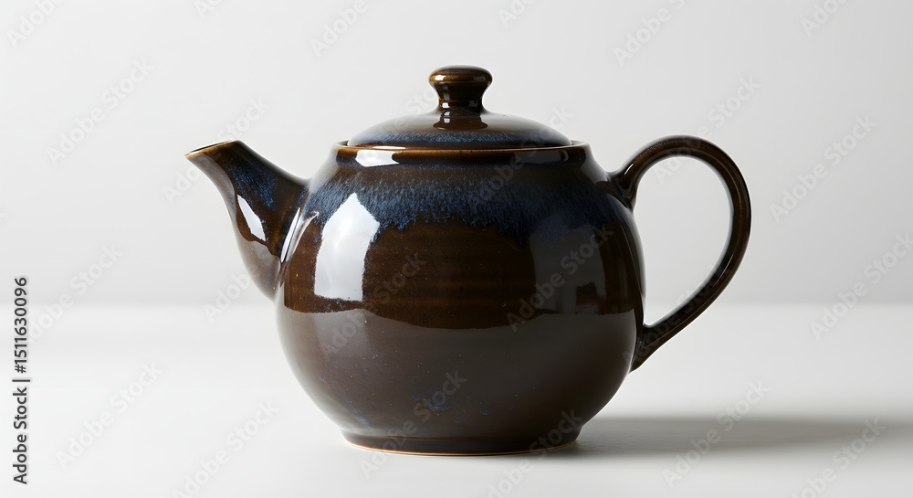 A glossy brown teapot with a rounded body and a small lid on a white background A glossy brown teapot with a rounded body and a small lid on a white background