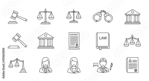 Law icons, set of line icons, icon sheet. Editable strokes
