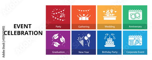 Event Celebration Glyph Solid Banner Web Icon Set Vector Illustration, Party Gathering Wedding Anniversary Graduation New Year Birthday Party Corporate Event
