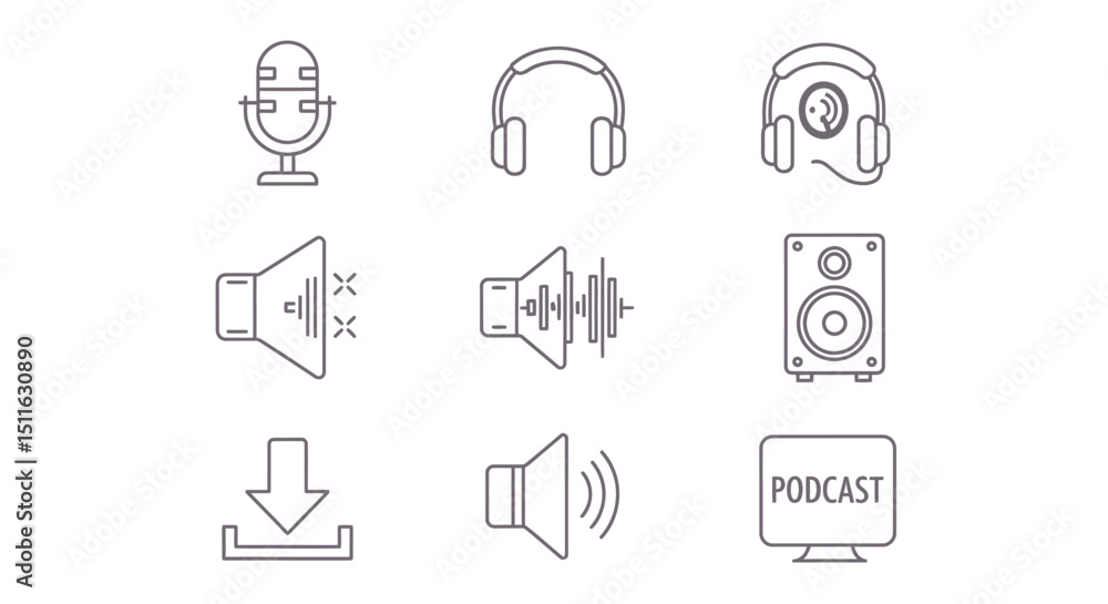 Fototapeta premium Podcast icons, set of line icons, icon sheet