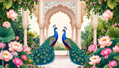 Wallpaper Mural Mughal-style illustration garden. Two vibrant peacocks stand in front of ornate arch. Blooming lotus flowers decorate scenery. Intricate details, rich Torontodigital.ca