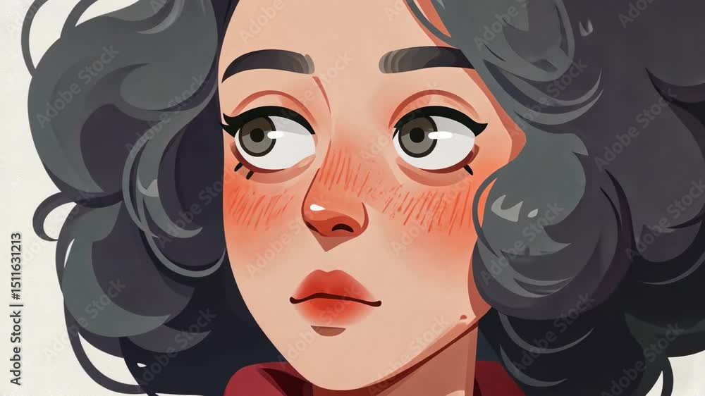 Cartoon-style portrait of a woman with dark hair and a reddish blouse Cartoon-style portrait of a woman with dark hair and a reddish blouse