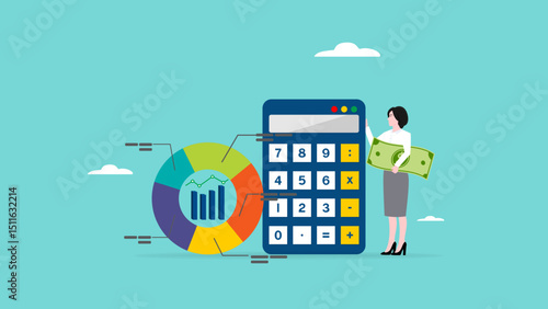 fund allocation graph, cost structure calculation of expenses and income in business, budget analysis office operational costs, woman carrying banknotes next to calculator and funding pie chart