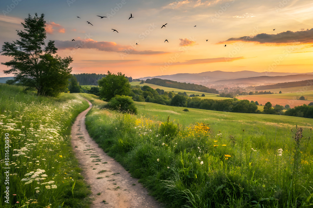 Obraz premium Sunset over rolling hills with dirt road and wildflowers