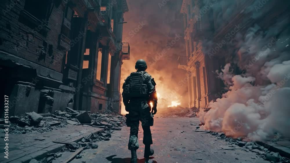 Soldier moves through ruined battle zone. Fire burns in destroyed ...