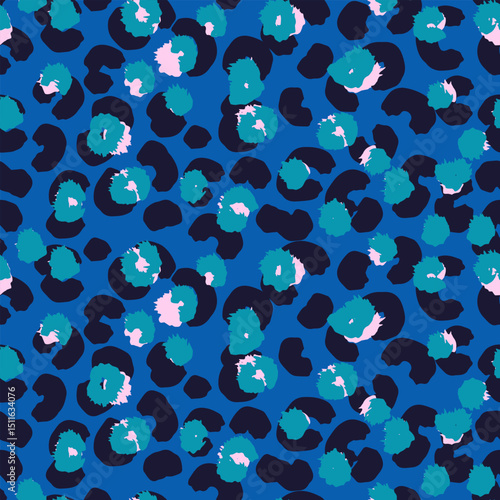 Vivid stylish leopard inspired seamless pattern with bold black spots, organic shapes on a blue background. Abstract  creative print for fashion design, modern decor, and artistic branding projects.