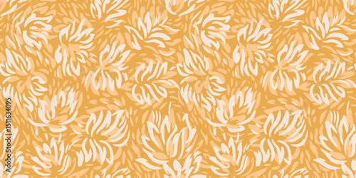 Seamless pattern featuring dynamic abstract floral shapes in yellow, mustard tones. Perfect for print design textiles, wrapping paper, wallpapers, and contemporary decorative projects