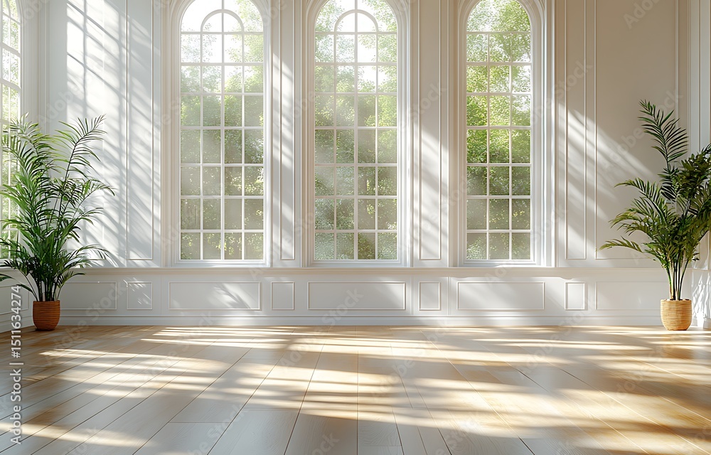 Fototapeta premium Room interior mockup with sunlight and potted plants