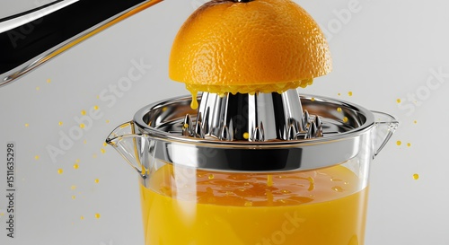 Close up of an orange being squeezed with a juicer into a clear glass container filled up