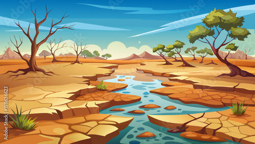Drought-stricken riverbed in outback Australia, showing cracked earth and sparse vegetation under a clear sky; illustrating climate change impact
