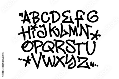 Graffiti handstyle alphabet A to Z in bold black marker texture on transparent background. Vector lettering perfect for tagging, urban street art, hip hop design, and expressive graffiti culture.