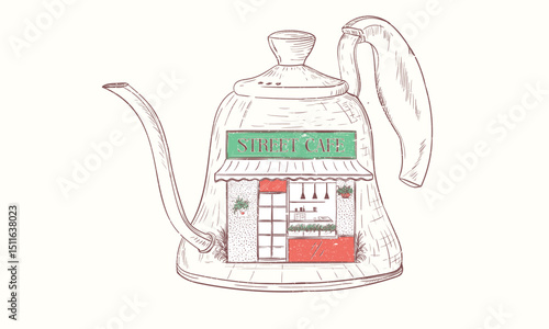 Coffee kettle. Street cafe graphic print design for t shirt, apparel, posters, background and others. Welcome street cafe abstract art design.