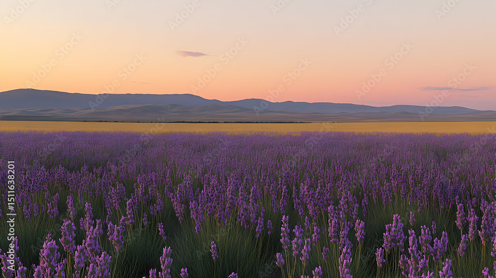 Naklejka premium Purple Flower Field At Golden Sunset Over Mountain Range