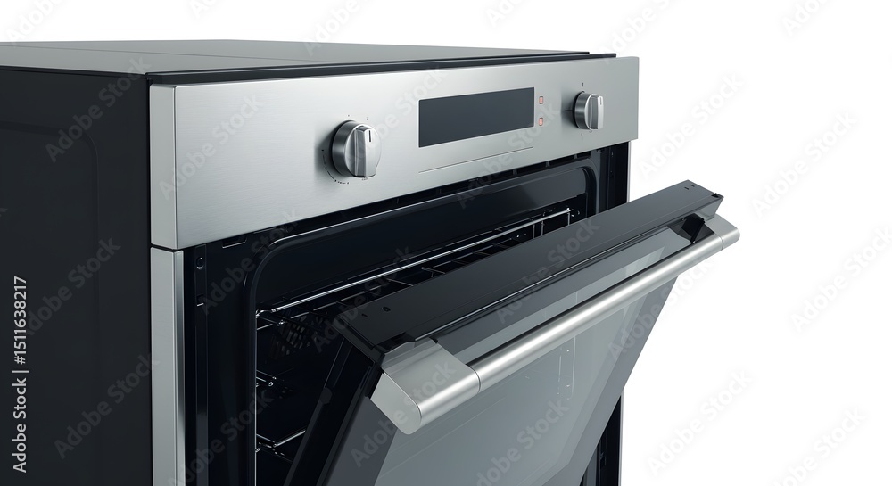 Fototapeta premium A close up shot of a modern oven with the door slightly open on a white background