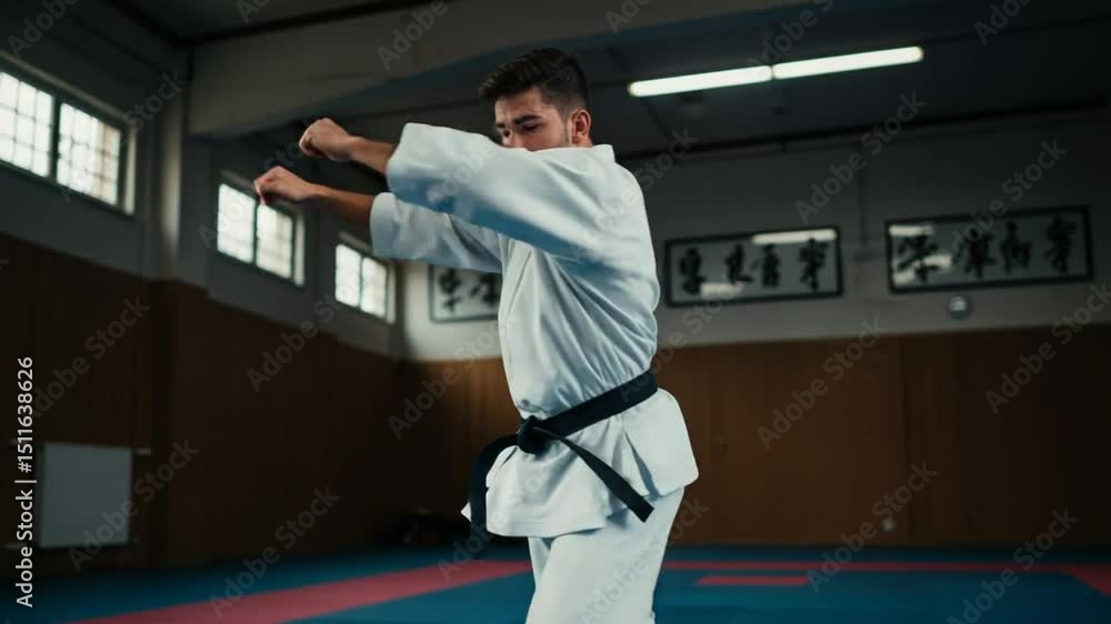 Male martial artist practicing a kick in a dojo with wooden walls and training mats Male martial artist practicing a kick in a dojo with wooden walls and training mats