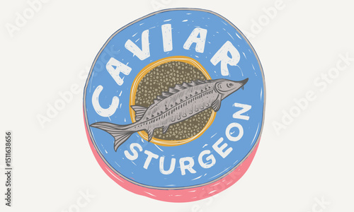 Caviar love club. Sturgeon fish artwork for t shirt print, poster, sticker and other uses. Caviar tin vintage artwork. 