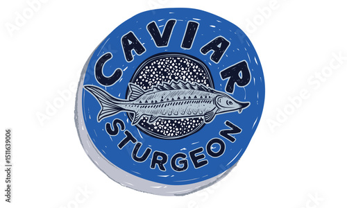 Sturgeon fish artwork for t shirt print, poster, sticker and other uses. Caviar tin vintage artwork.  Fish t shirt design.