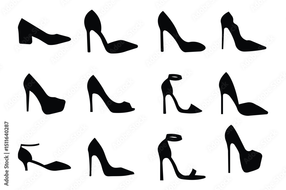 High Heel Silhouette Design. Woman stilettos high heel silhouette. Women's shoe icons button, vector, sign, symbol, logo, illustration, editable stroke, flat design style isolated on white linear. High Heel Silhouette Design. Woman stilettos high heel silhouette. Women's shoe icons button, vector, sign, symbol, logo, illustration, editable stroke, flat design style isolated on white linear.