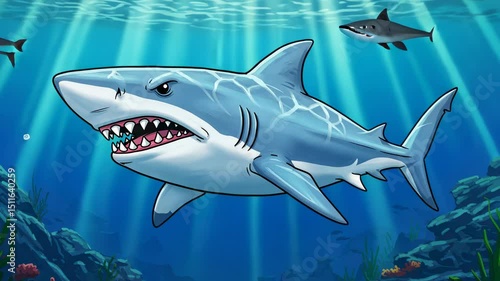 Shark with sharp teeth swims in blue water with smaller sharks