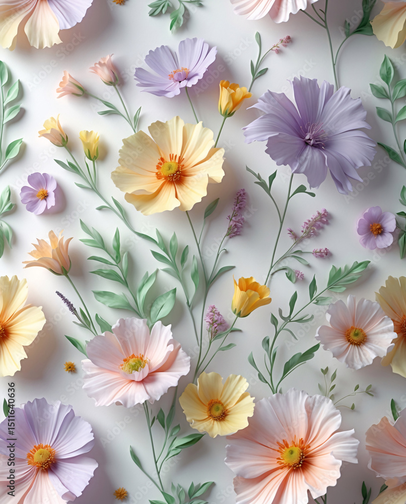 clean floral composition with pastel cosmos and daisy blooms arranged above smooth white minimalist backdrop for print visuals floral botanical illustration wallpaper background clean floral composition with pastel cosmos and daisy blooms arranged above smooth white minimalist backdrop for print visuals floral botanical illustration wallpaper background