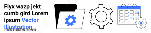 Open folder with gear, calendar with settings icon, suggesting workflow automation, data organization, and task scheduling. Ideal for productivity, project management, and simple landing page