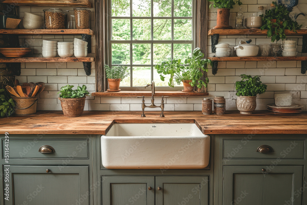 Fototapeta premium Farmhouse sink under window, shelves above.
