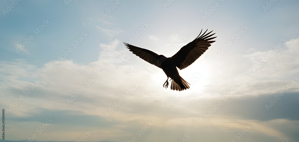 Fototapeta premium Graceful bird flying silhouette against clear background. 