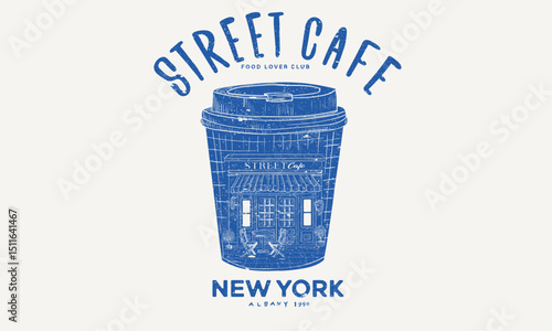 Coffee cup. New york city street cafe graphic print design for t shirt, apparel, posters, background and others. Welcome street cafe abstract art design.