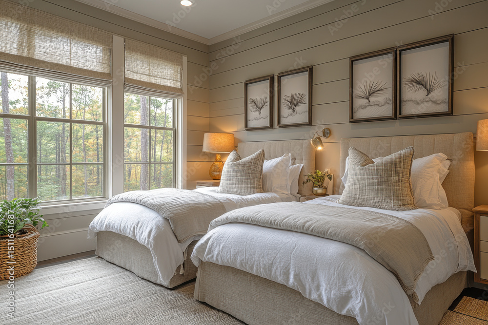 Fototapeta premium beds in a bedroom by a window.