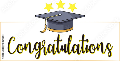 Congratulations message with graduation cap and stars celebrating academic success and achievement