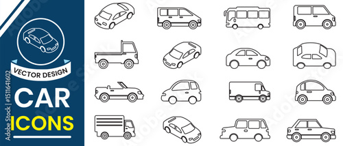 Car icon vector set. Car line icons set. Various vehicle icon set. Sets of car icon and logo. Different Transport icons outline stroke on white background. Vector Illustration