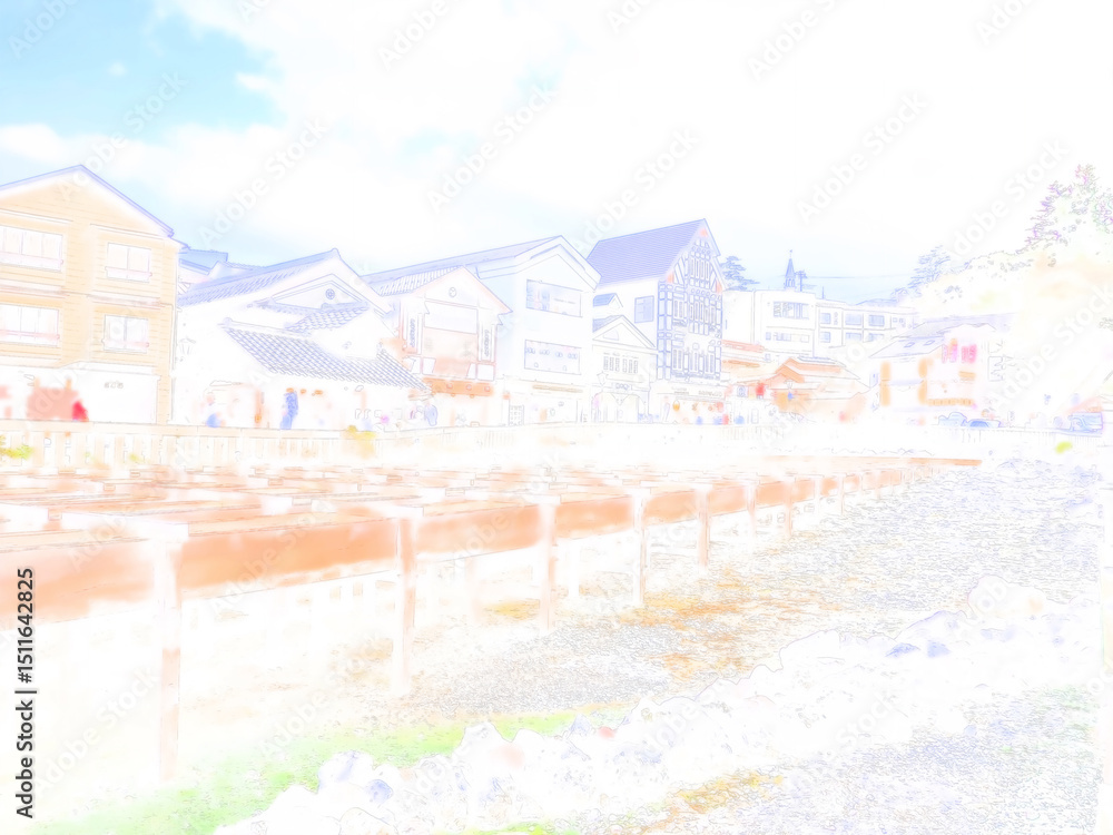 Obraz premium 草津温泉の湯畑の街並み。イラスト風の写真。