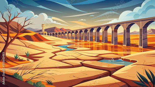 landscape of dry earth ground and viaduct, extreme drought in Entrepenas reservoir, in Guadalajara, Castilla, Spain Europe