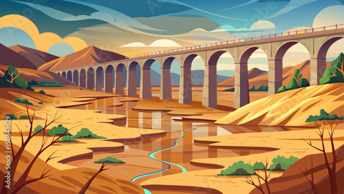 landscape of dry earth ground and viaduct, extreme drought in Entrepenas reservoir, in Guadalajara, Castilla, Spain Europe