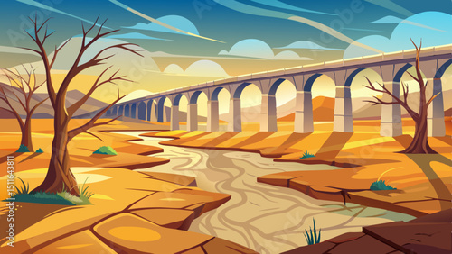 landscape of dry earth ground and viaduct, extreme drought in Entrepenas reservoir, in Guadalajara, Castilla, Spain Europe