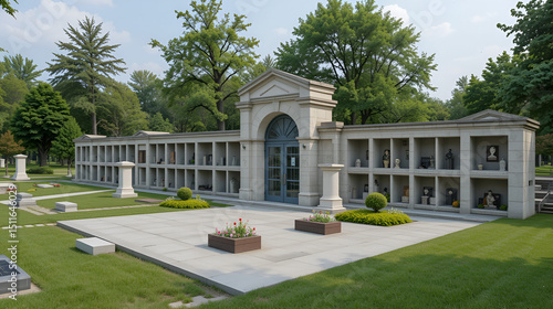 Cemetery crematorium area with columbarium featuring cremation niches for urns and burial arrangements. Columbarium facility offering cremation niches and ash storage, memorial services at cemetery