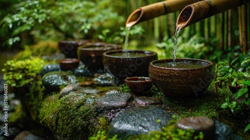 calming meditative image of water pouring from bamboo waterfall against green nature background, silence and tranquility