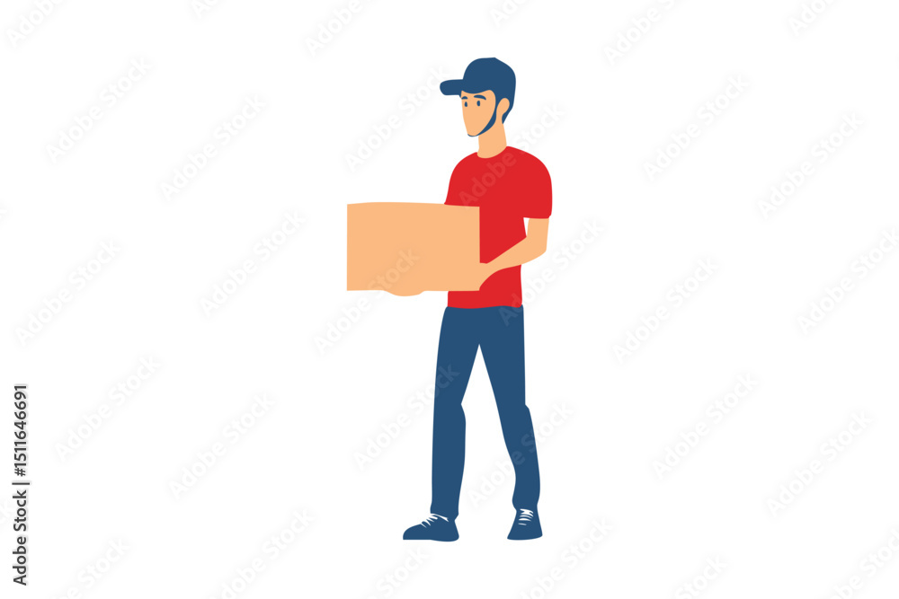 Vector Illustration of Delivery Worker Holding Box in Uniform and Cap Vector Illustration of Delivery Worker Holding Box in Uniform and Cap