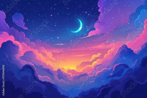 Cartoon Starry Sky. Crescent Moon in Artistic Blue Background