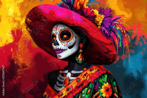 Catrina. Day of the Dead Wallpaper with Colourful Skull Art. Mexican Festival Illustration
