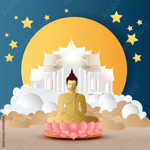 Buddha statue meditating on a lotus paper art vector illustration background - Buddhism Magha Puja, Asanha Puja, Vesak Puja Day, Thailand culture